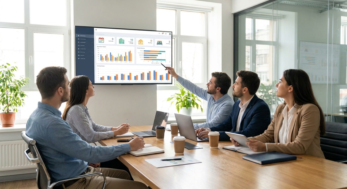 A team of vacation rental professionals in a bright meeting room discusses software options while looking at charts and a pro