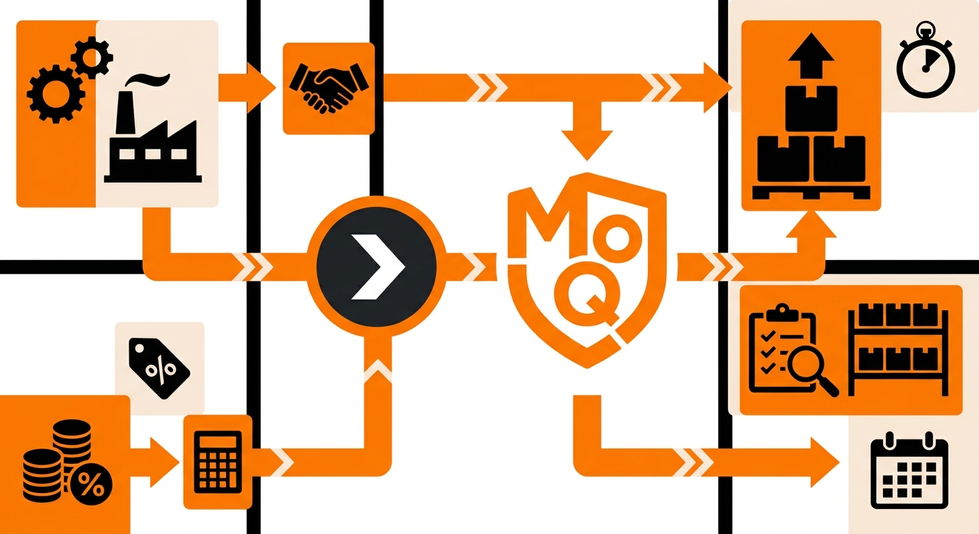 A polished infographic-style visual featuring the term 'MOQ' as the focal point, surrounded by icons representing suppliers,