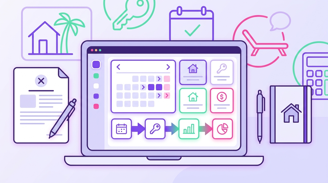 A close-up workspace shot shows a printed termination letter template, a pen, and a laptop displaying a short-term rental man
