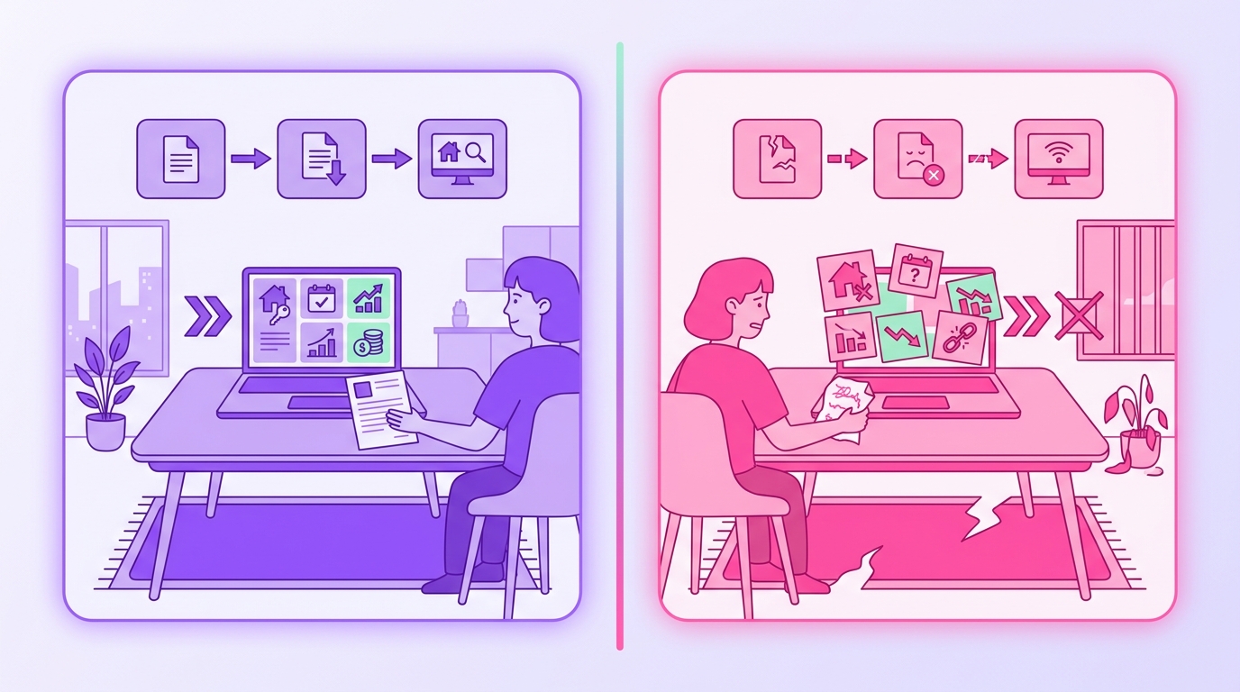 A vacation rental host works from a dining table inside a modern residential Airbnb-style property, comparing a property mana