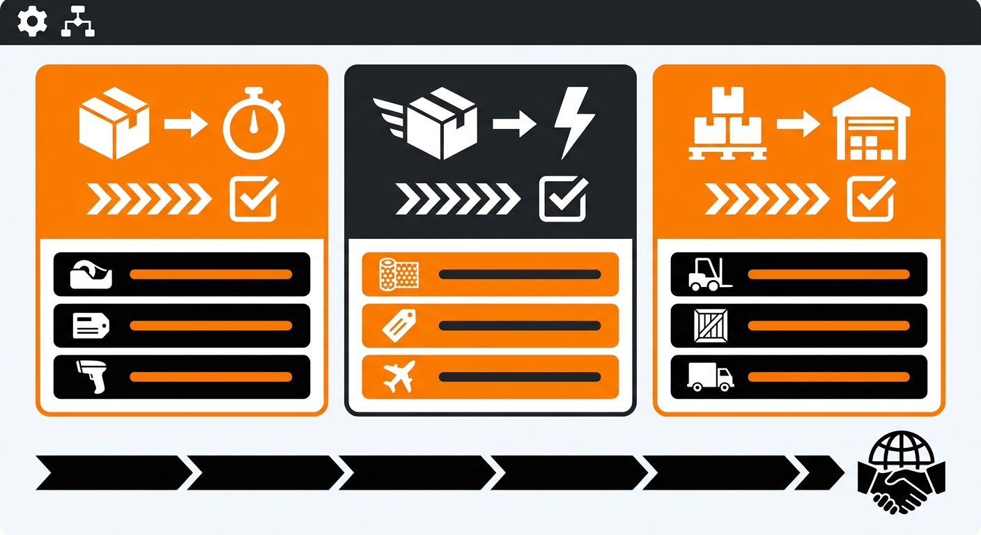 A clean dashboard interface showing packaging rules configured by order type, with clear labels for categories like standard,