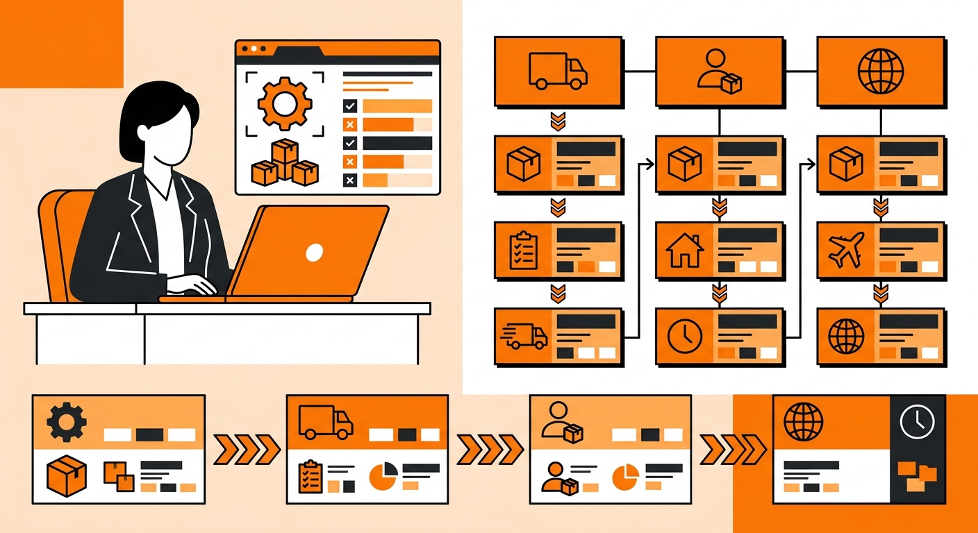 A minimal office and fulfillment concept image showing a supply chain manager reviewing packaging rule settings on a laptop w