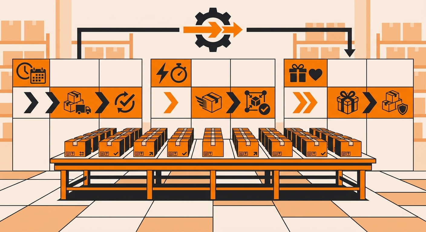 A warehouse operations visual featuring neatly packed boxes on a sorting table, paired with an overlay of rule-based fulfillm