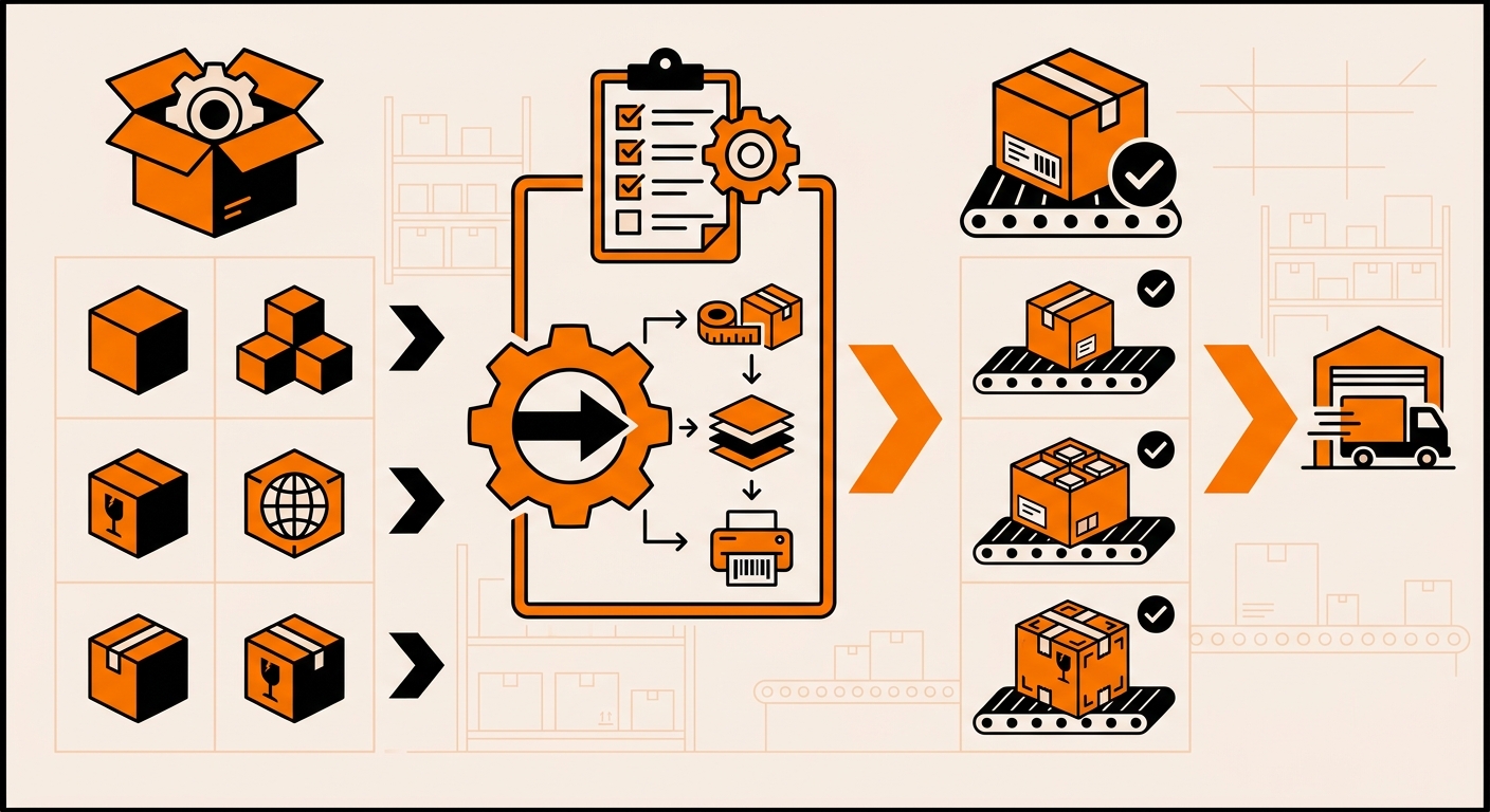 Flowchart showing an incoming order tagged by type — subscription box, B2B wholesale, or DTC single-unit — routing through WMS rule logic to the correct packaging profile with box dimensions, void fill, inserts, and label placement specified at the pack station