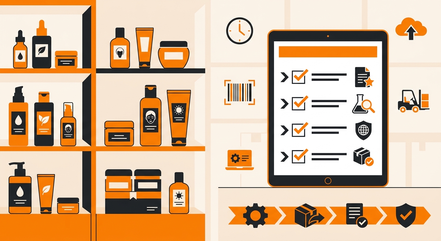 A clean, modern warehouse compliance scene showing labeled cosmetic products on shelves beside a tablet displaying regulatory
