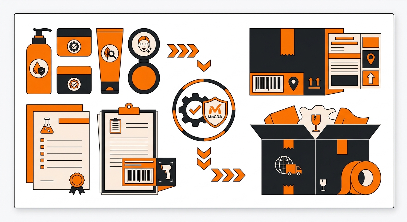 A professional flat-lay of cosmetic packaging components, ingredient documentation, barcode labels, and shipping materials ar