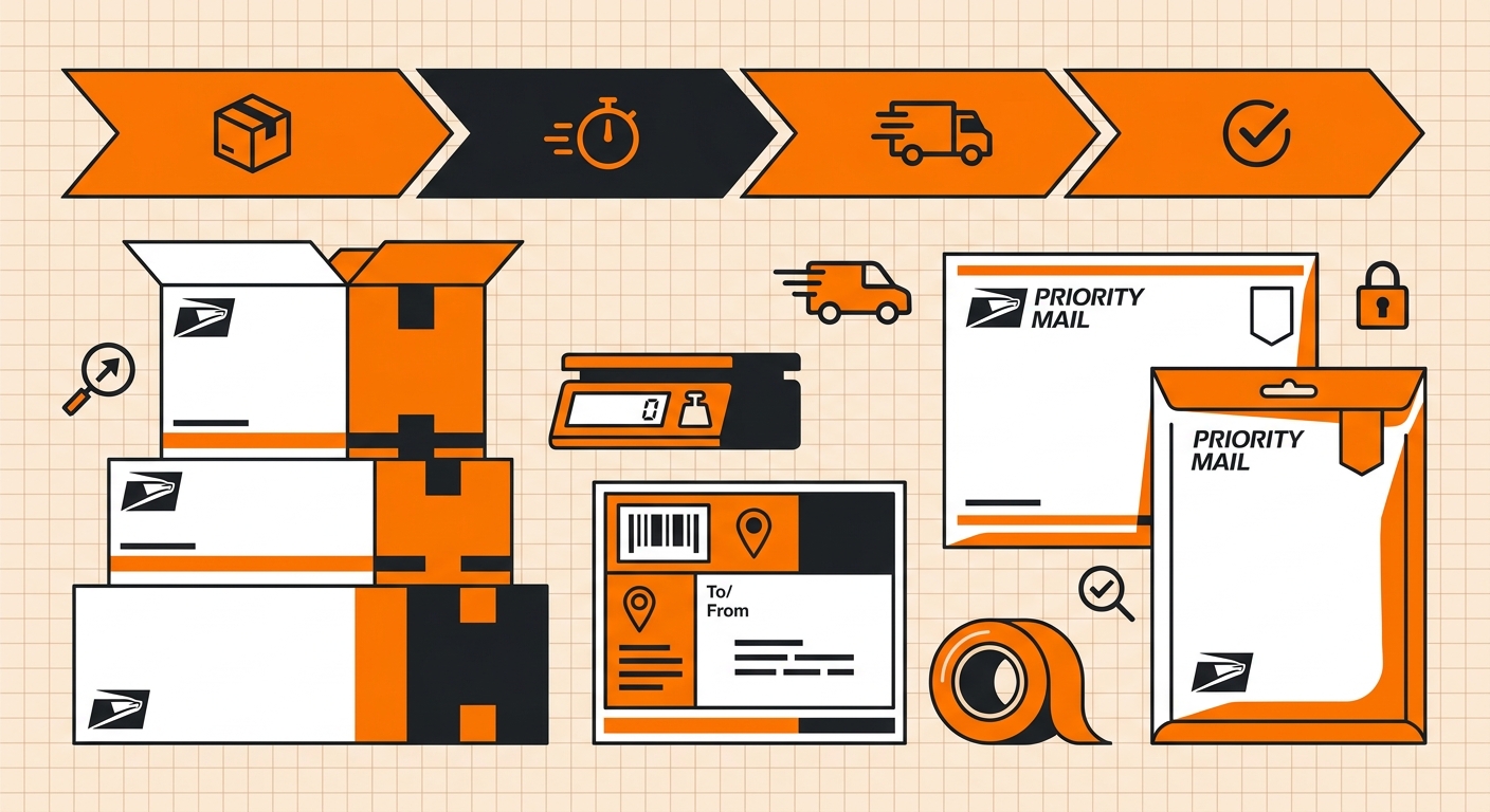 A modern flat-lay of USPS Priority Mail essentials, including branded shipping boxes, envelopes, a mailing label, and a small