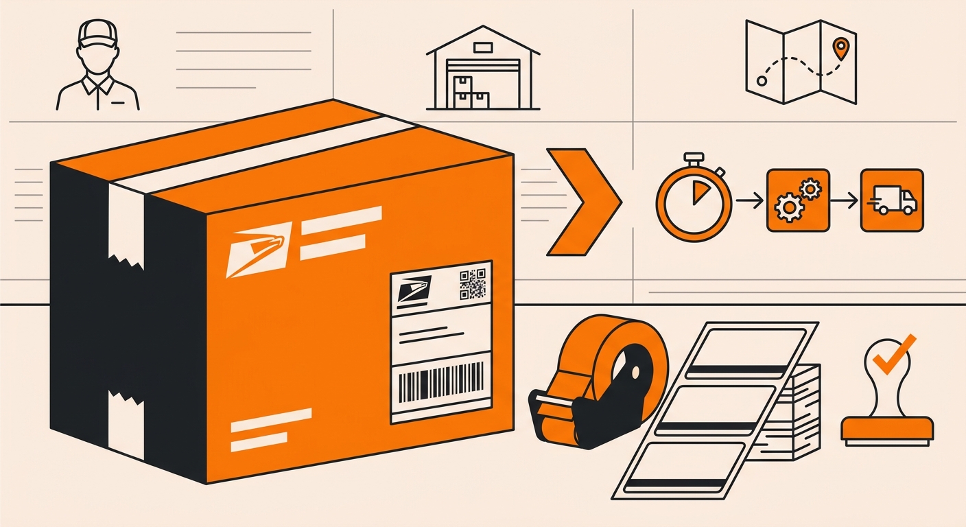 A clean, professional close-up of a USPS Priority Mail shipping box on a counter with a printed label, postage materials, and