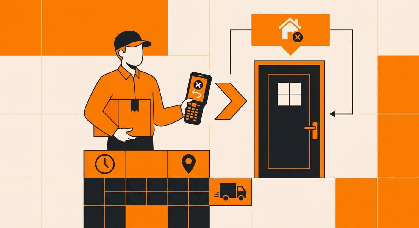 A clean, professional image of a delivery driver standing at a front door with a package and a handheld scanner, while a subt