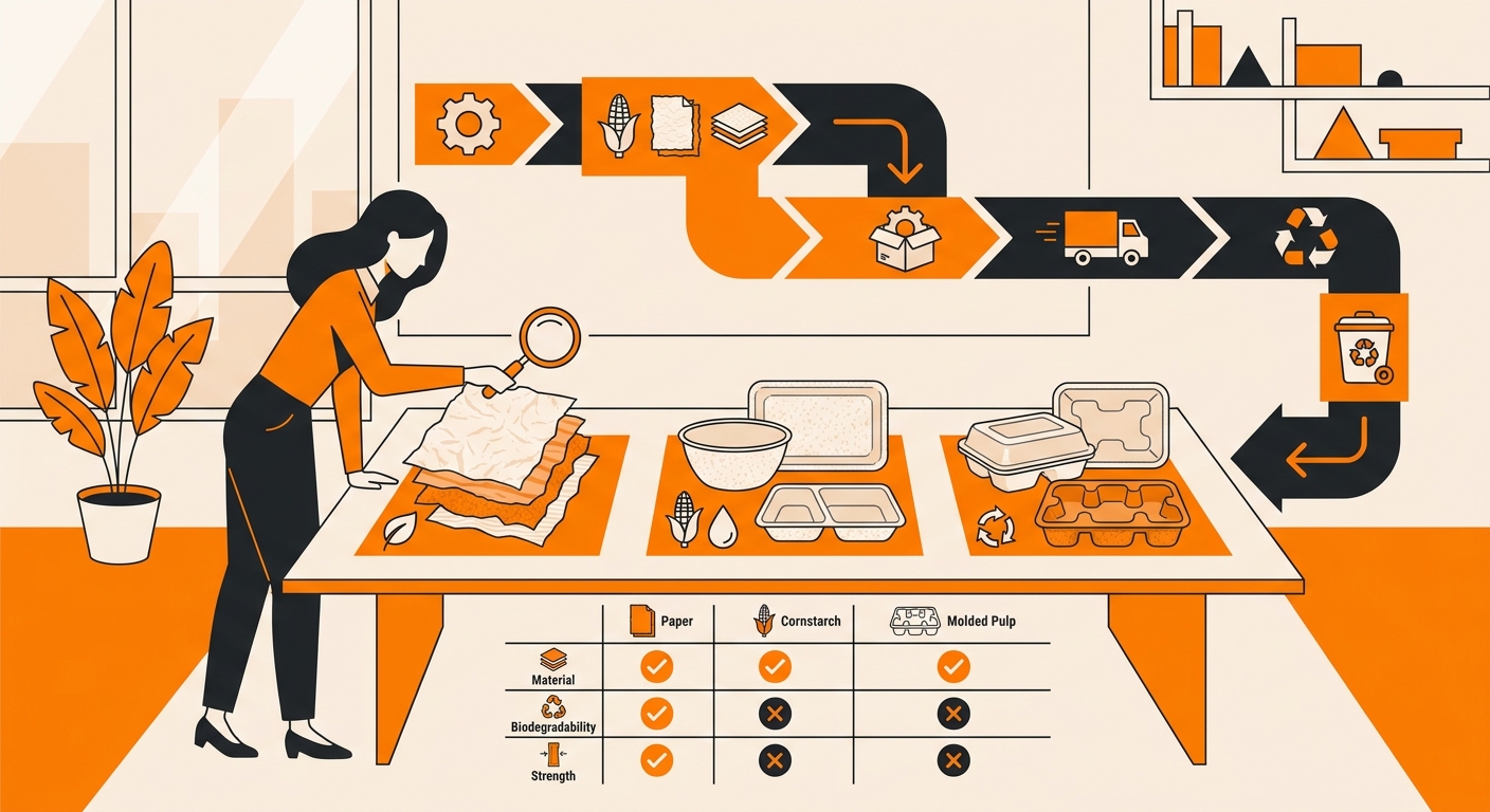 A professional workspace scene showing a packaging designer or sustainability specialist reviewing biodegradable packaging sa