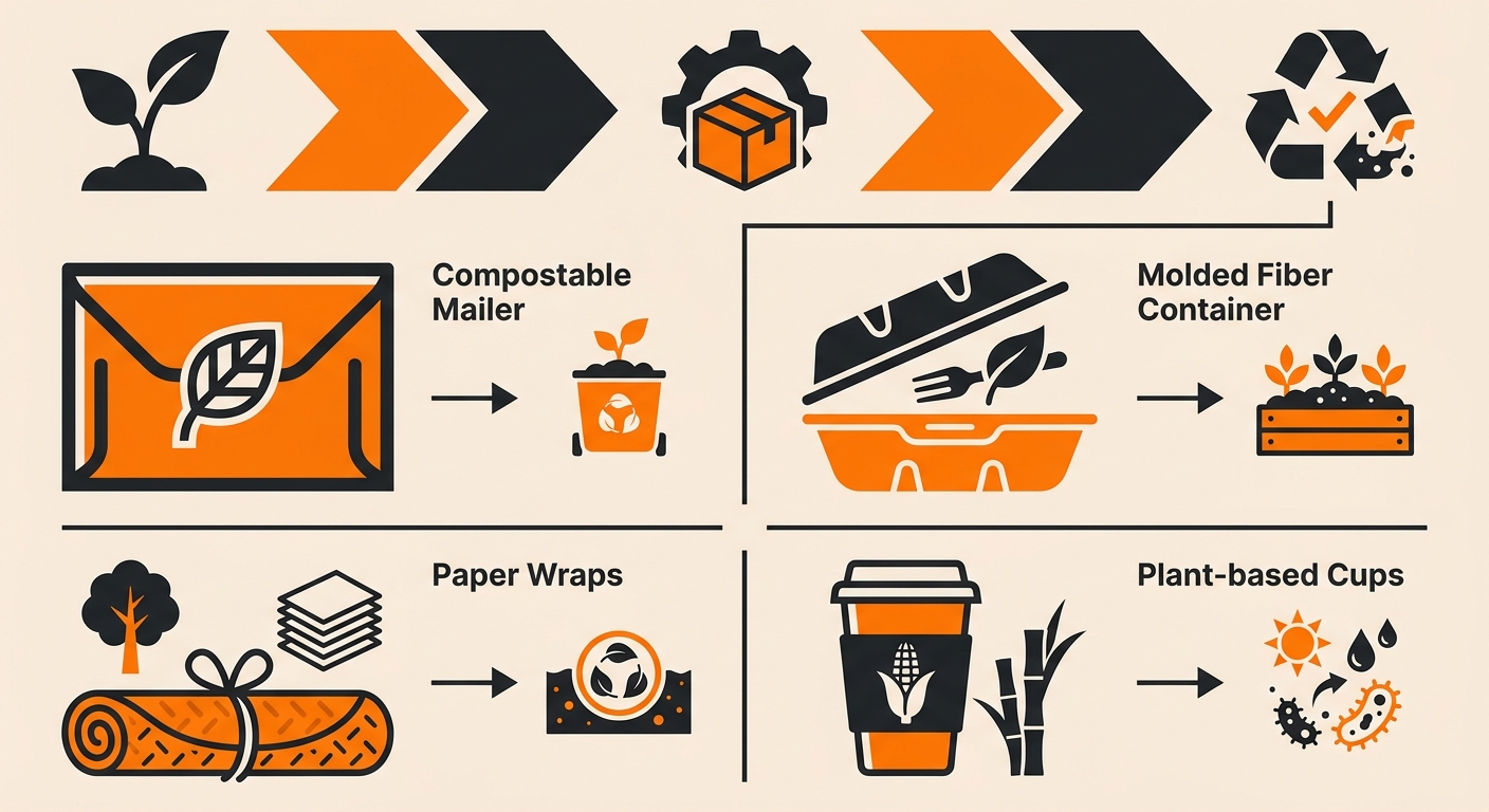 A clean studio-style image of various biodegradable packaging materials, including compostable mailers, molded fiber containe