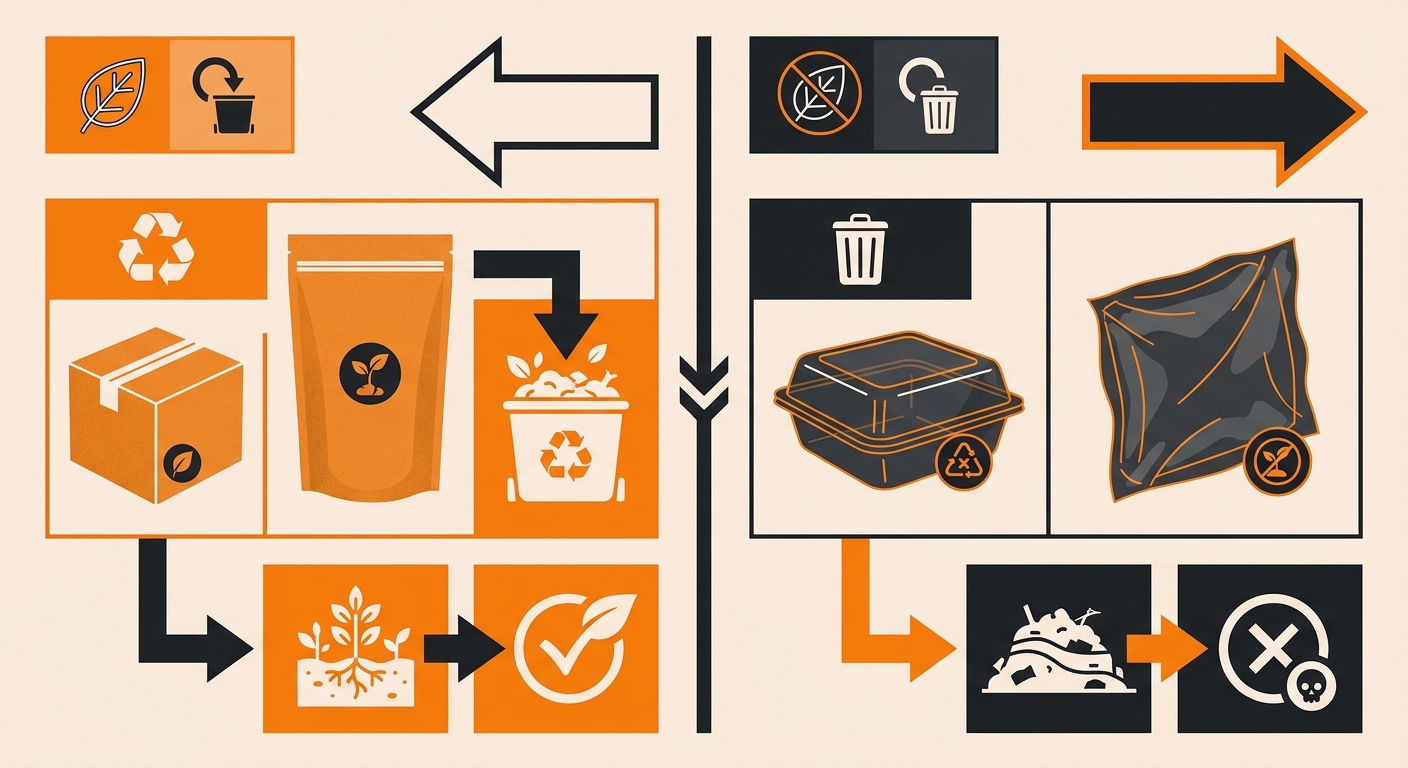 A side-by-side comparison of everyday packaging types, featuring biodegradable options such as kraft paper boxes and composta
