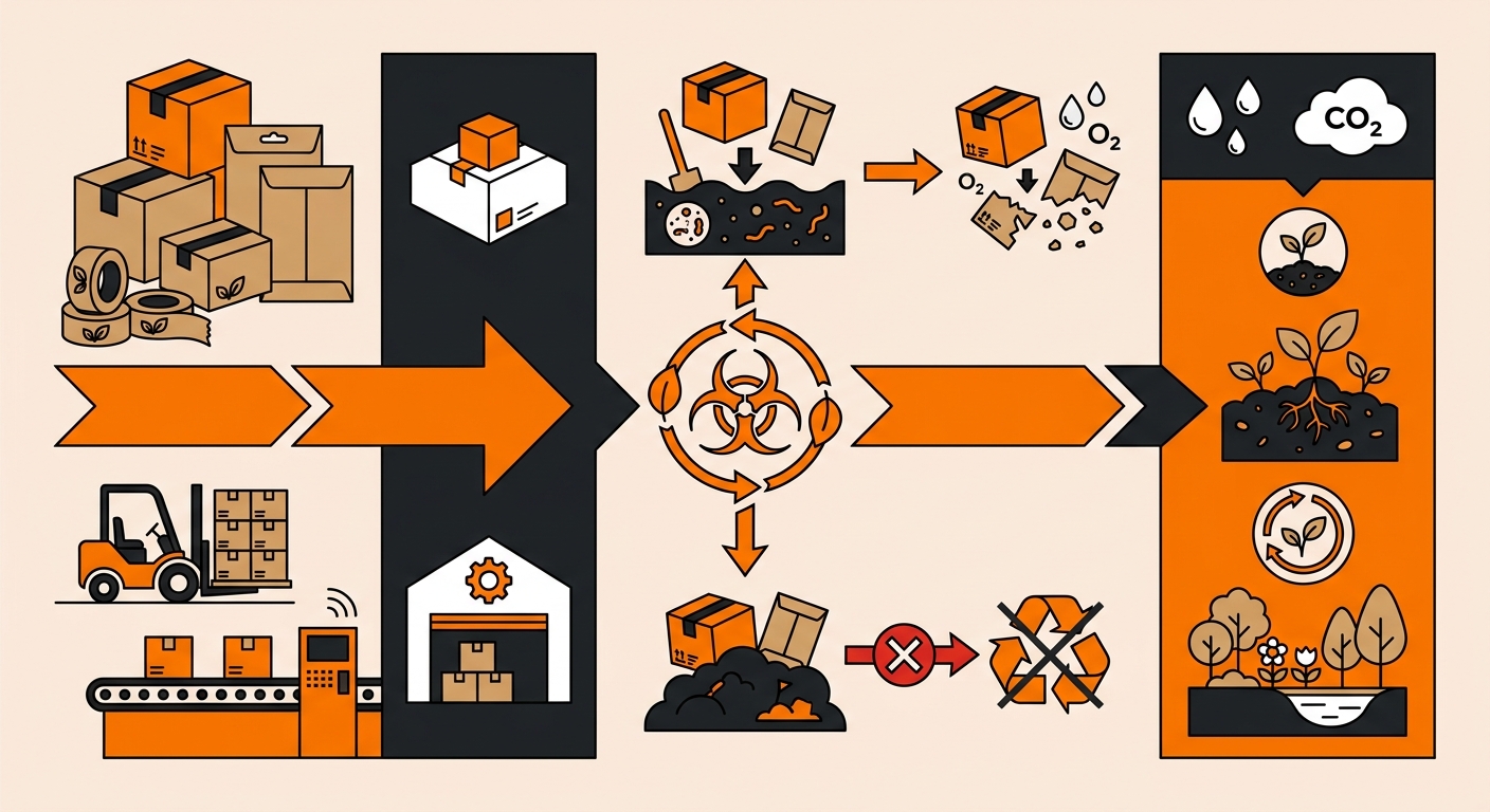 Infographic showing the decomposition timeline of biodegradable packaging materials — cornstarch-based films (90–180 days), kraft paper mailers (30 days in landfill), and standard polyethylene (400+ years) — alongside a pick-and-pack workflow diagram illustrating how a WMS assigns biodegradable packaging specs at the SKU and order level