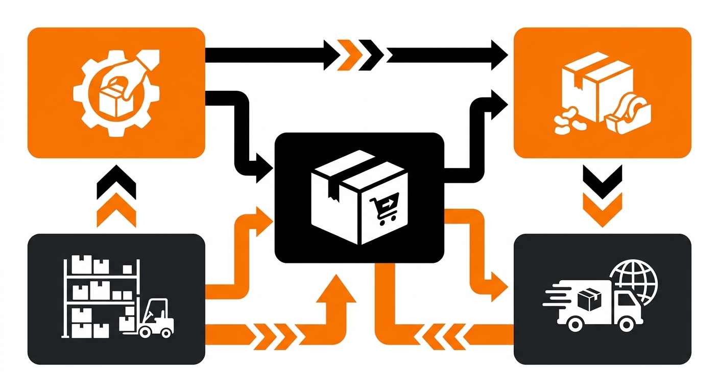 A modern infographic-style visual featuring labeled icons for picking, packing, storage, and shipping costs arranged around a