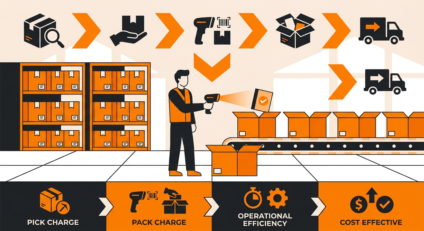 A clean warehouse fulfillment scene showing a worker scanning products and placing them into shipping boxes at a packing stat