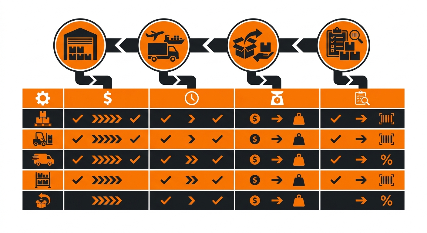 A polished infographic-style visual featuring a sample 3PL rate card layout alongside icons representing warehousing, transpo