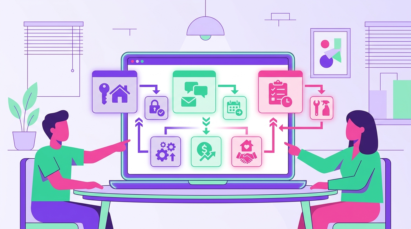 A polished image features two short-term rental hosts collaborating at a dining table inside a stylish Airbnb-style home, poi