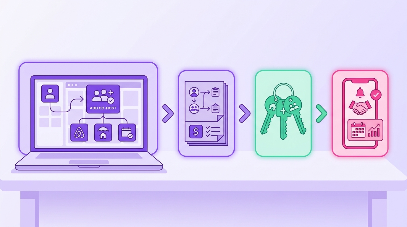 A clean workspace scene shows an STR property owner adding a co-host from a laptop, with a booking platform dashboard open be