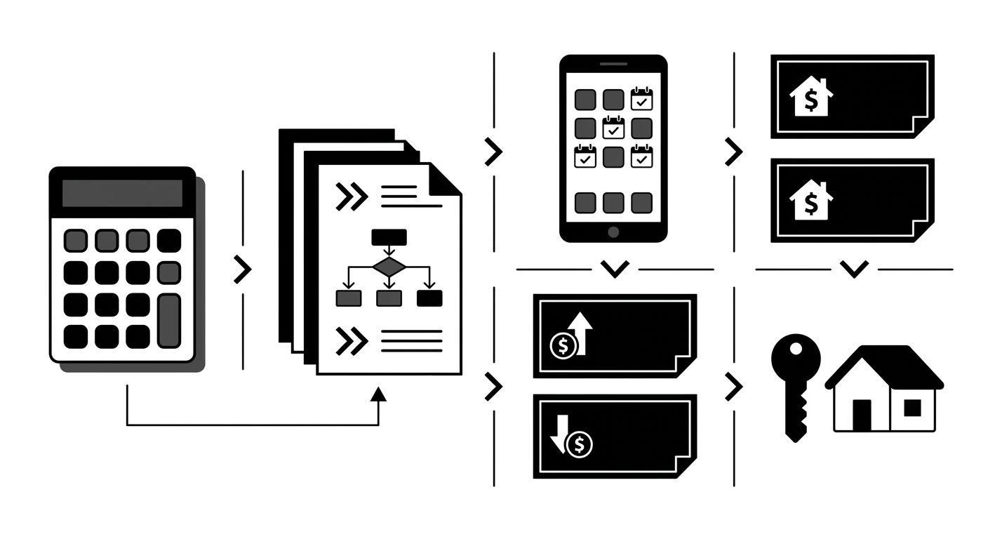 A professional flat lay featuring a calculator, financial reports, a smartphone with a booking calendar, and notes labeled re
