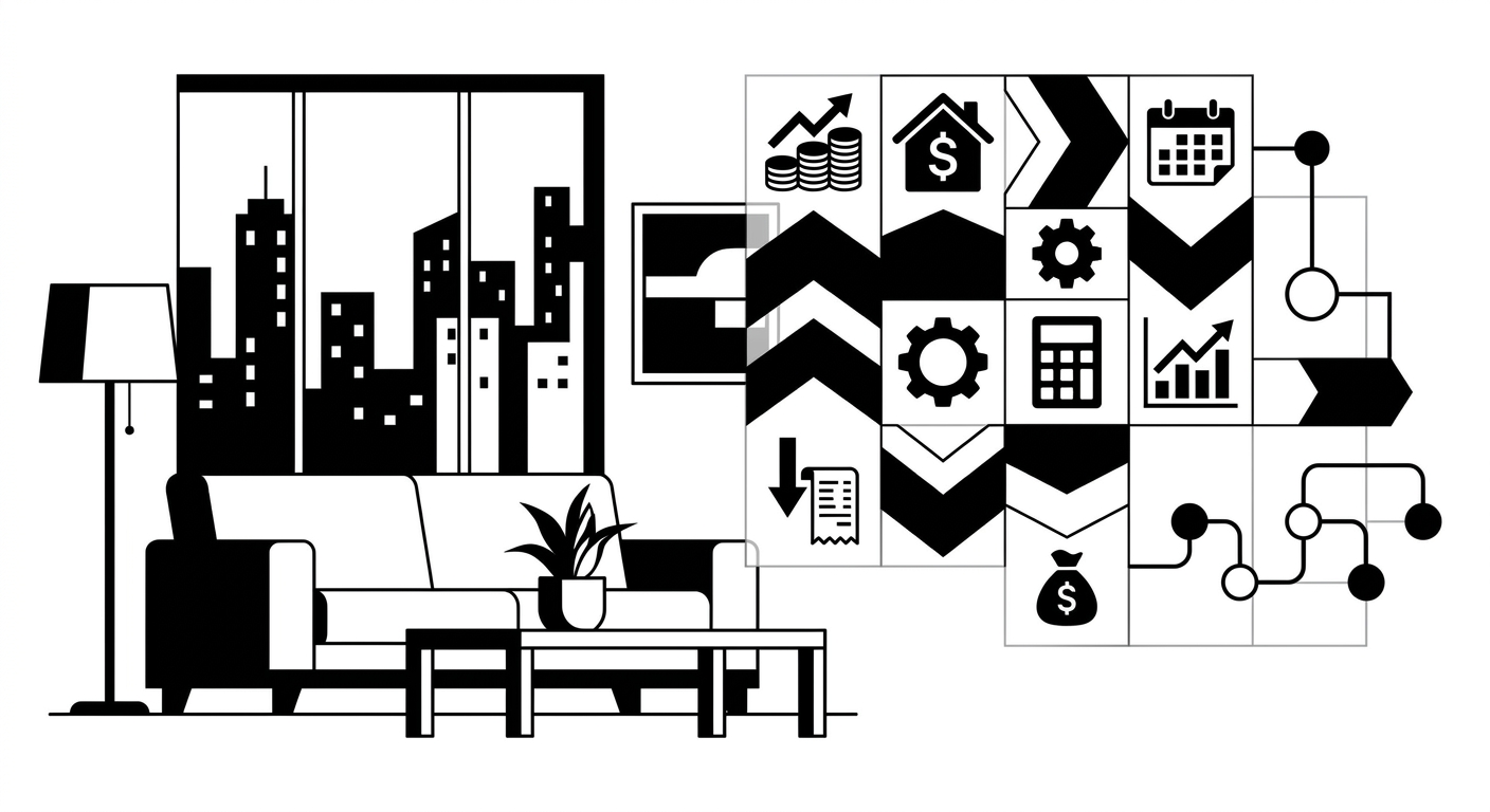 A high-quality image of a stylish short-term rental interior with an overlaid financial analysis concept, such as transparent
