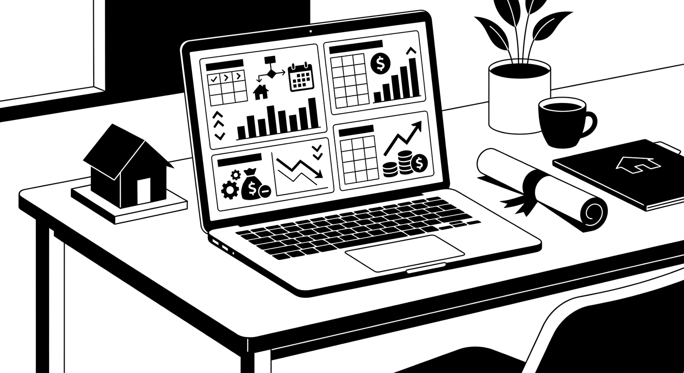 A clean, modern workspace scene showing a laptop with a short-term rental financial dashboard open, displaying occupancy rate