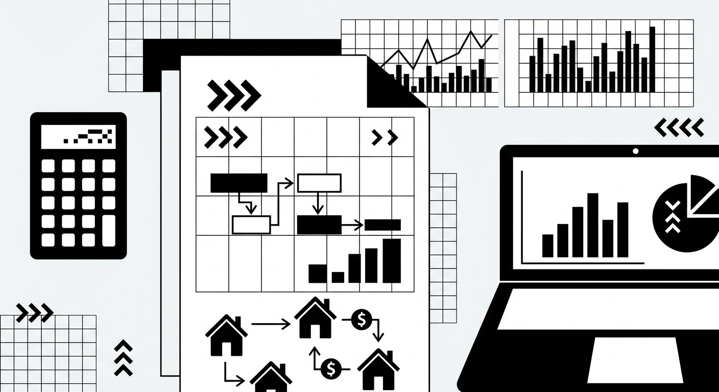 A professional flat-lay of a short-term rental financial report showing net operating income calculations, with a calculator,