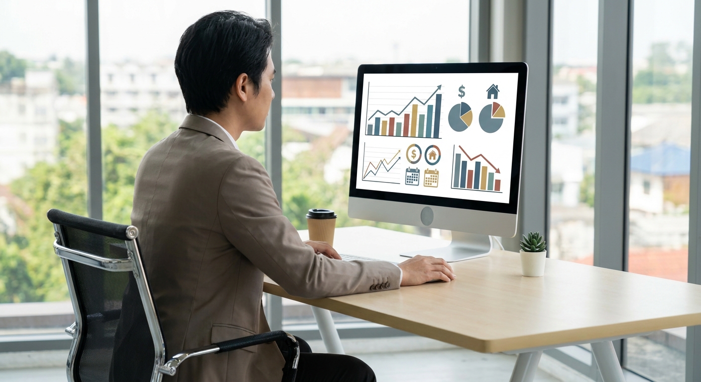 A real estate investor or property manager reviewing short-term rental income and expense data on a desktop dashboard, with b