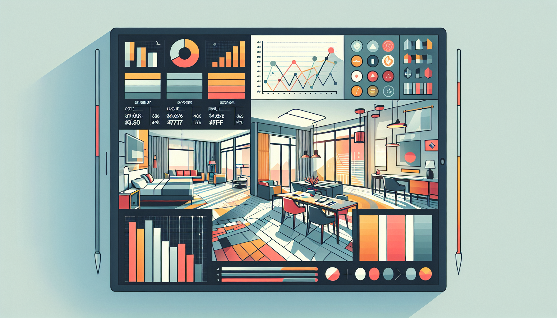 A bright, well-staged vacation rental interior with a subtle overlay of financial analytics on a tablet screen, highlighting 