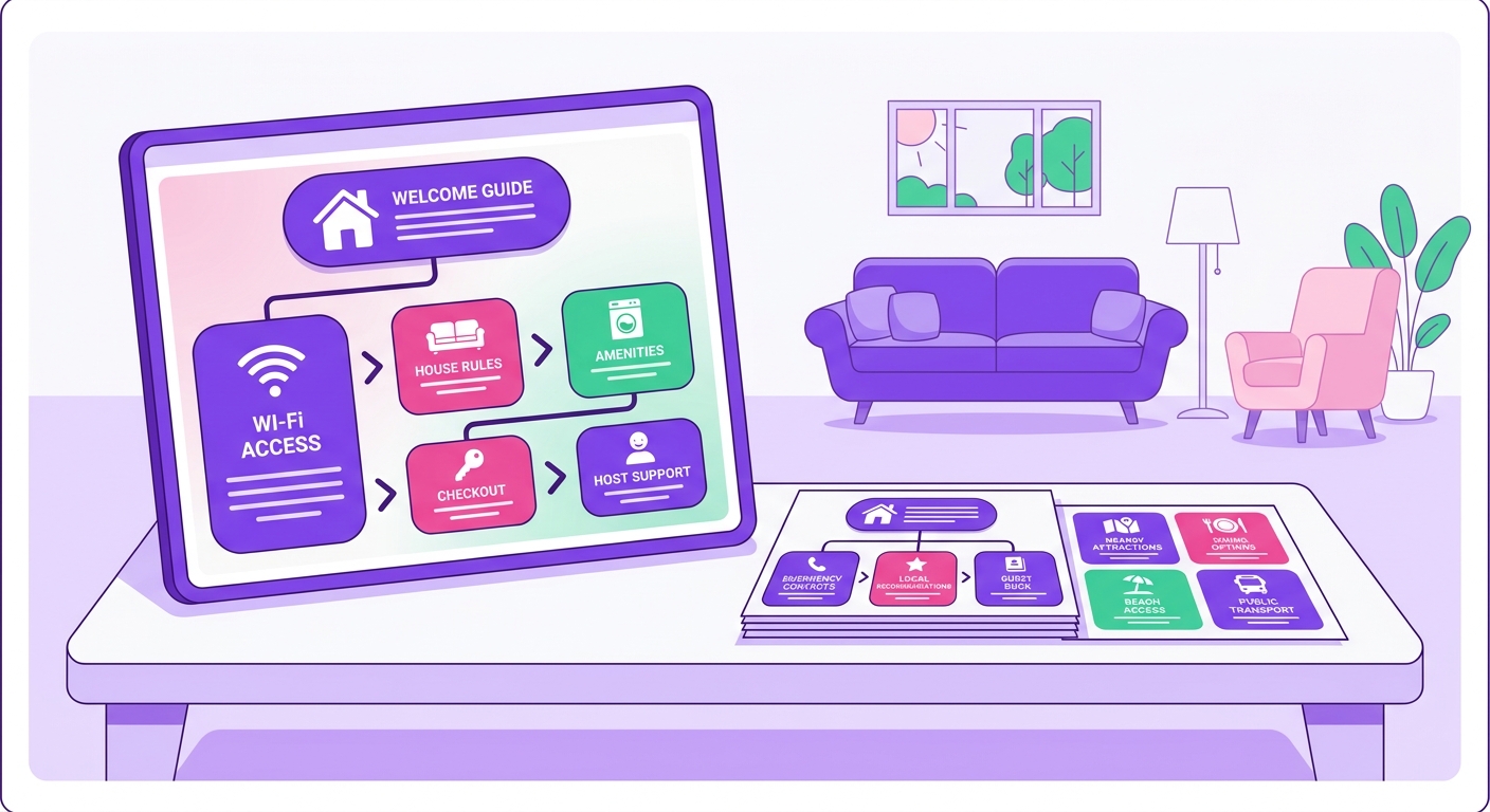 A neatly staged vacation rental living room features a tablet on a coffee table displaying a welcome guide for guests, alongs