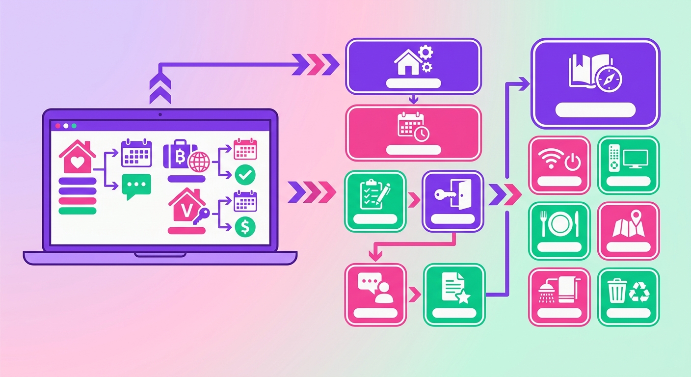 A property owner works from a laptop showing an STR management dashboard with recognizable Airbnb, VRBO, and Booking.com-styl