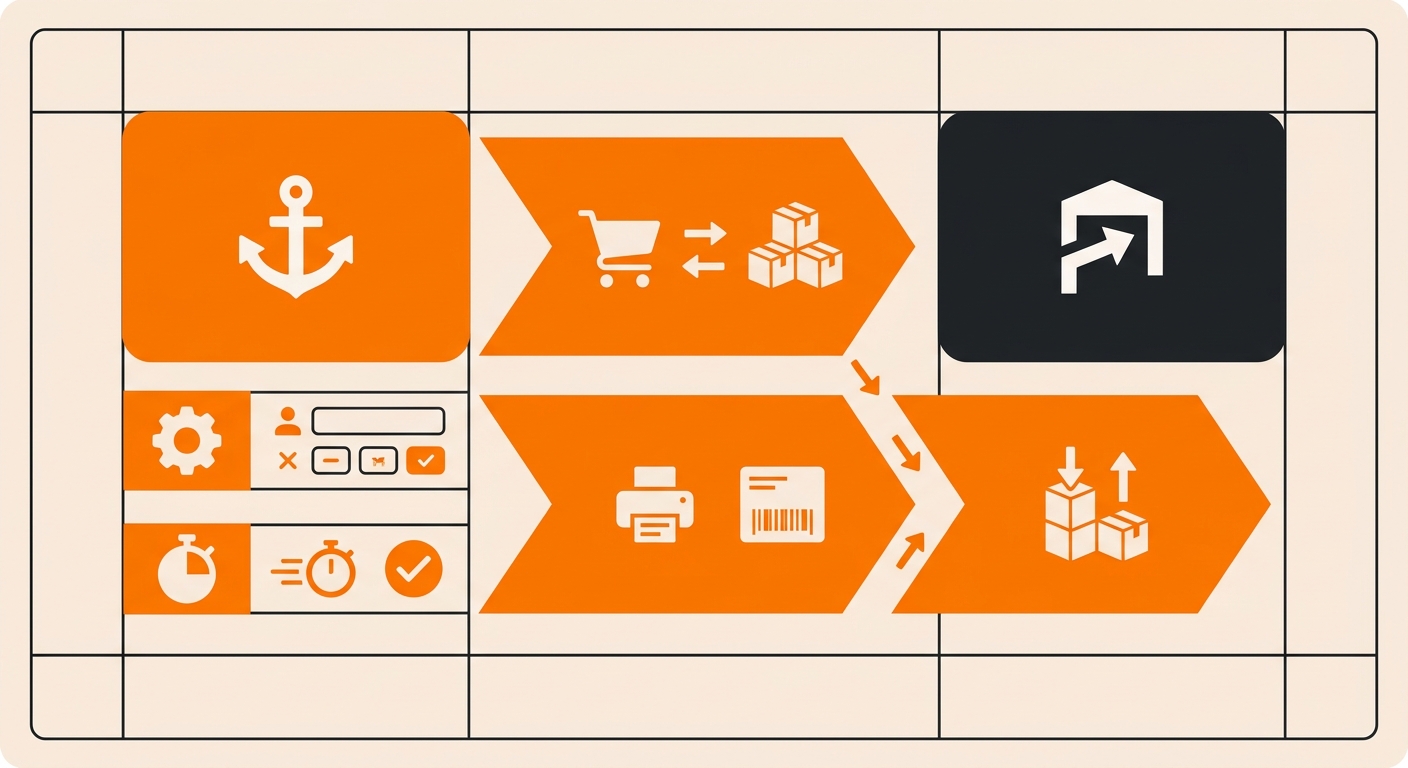 A clean dashboard-style illustration showing ShipStation and Fulfyld connected through a seamless workflow, with order data,