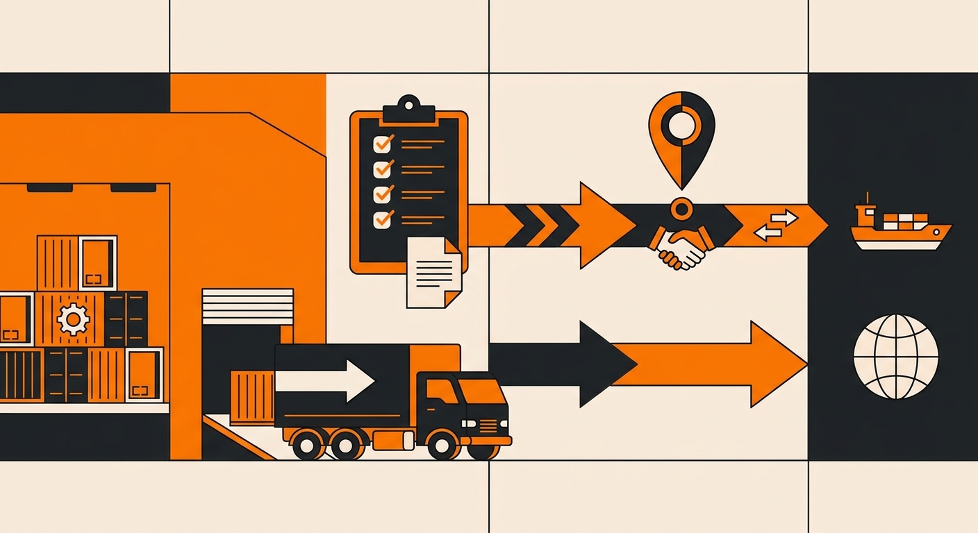 A clean logistics scene showing cargo containers, a delivery truck, and a clipboard with shipping documents, with a warehouse