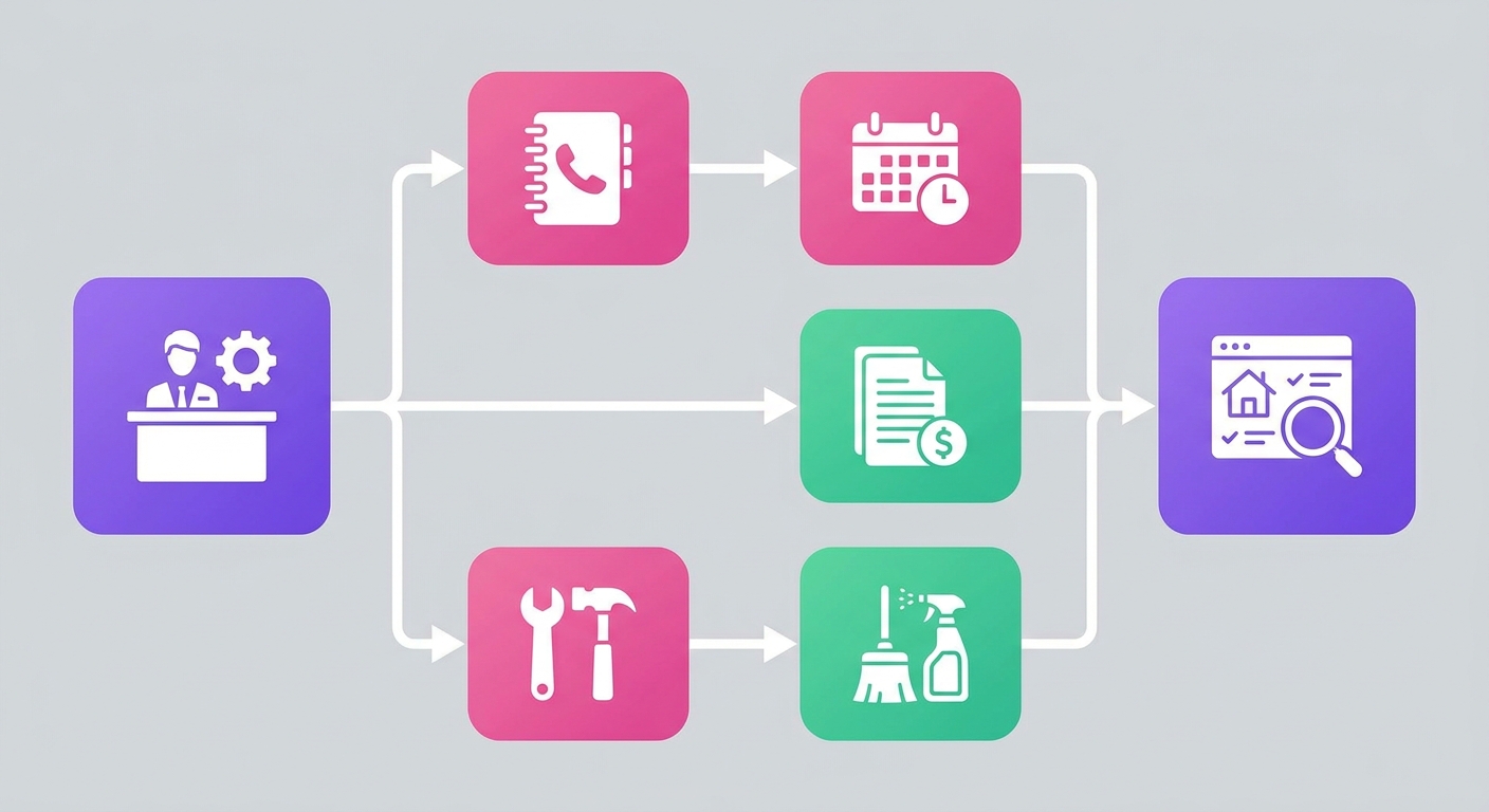 A clean, modern home office setup shows an STR property owner managing vendor contacts, scheduling, and invoices for a vacati