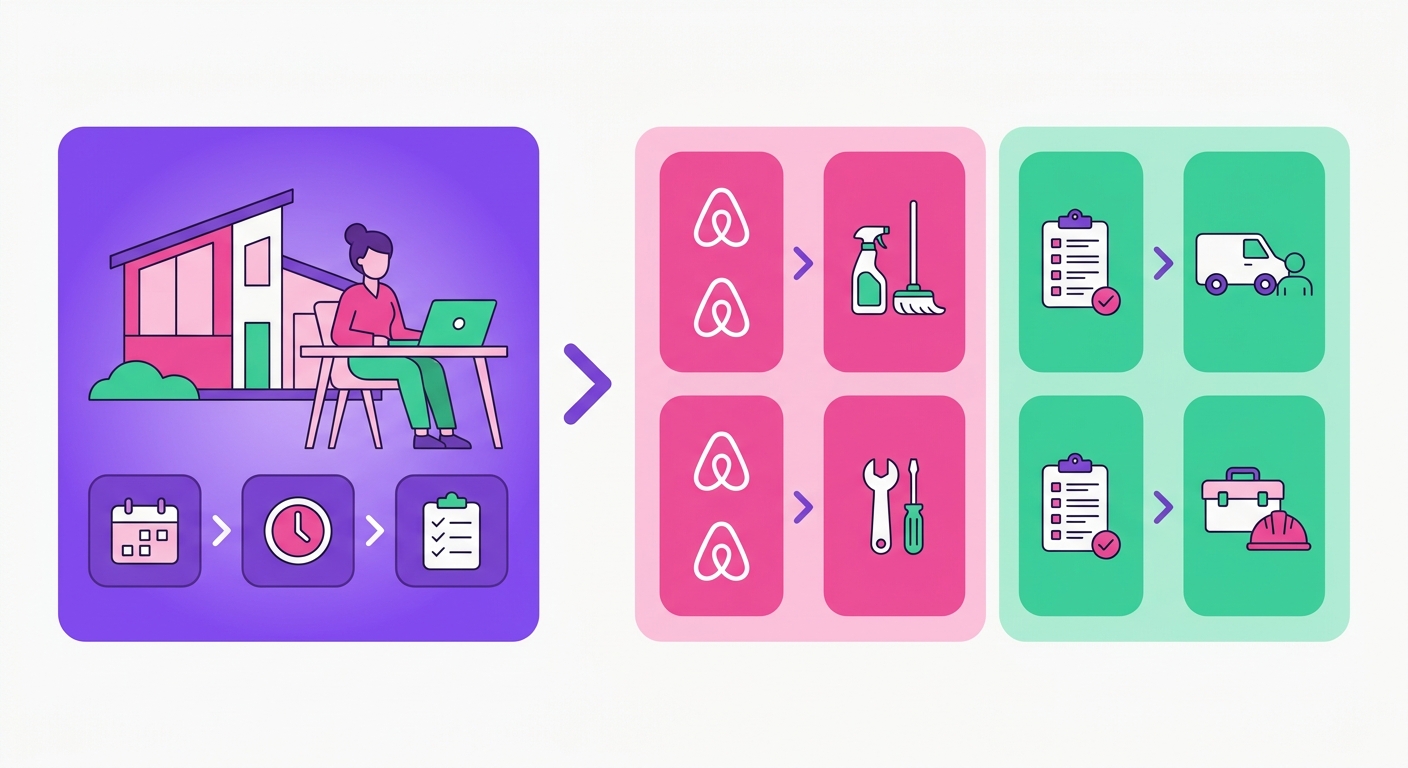 A residential vacation rental exterior is paired with a host working on a laptop at a kitchen table, comparing vendor tasks a