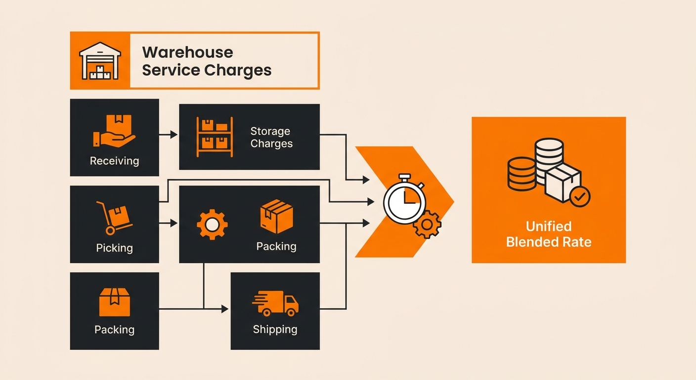 A minimalist business illustration of a 3PL pricing comparison chart, showing several separate service charges on one side an