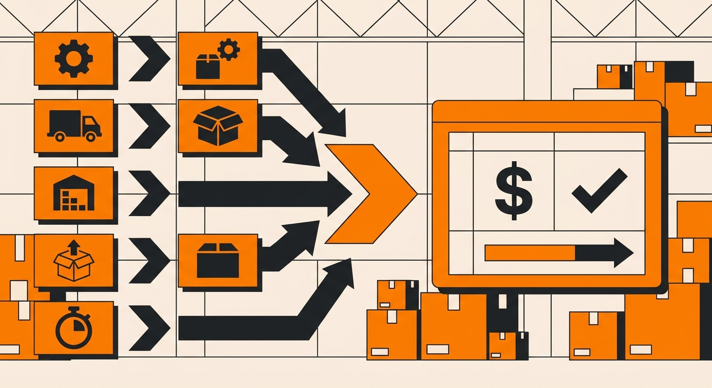 A clean logistics infographic-style scene showing stacked shipping boxes, a warehouse background, and a pricing dashboard wit