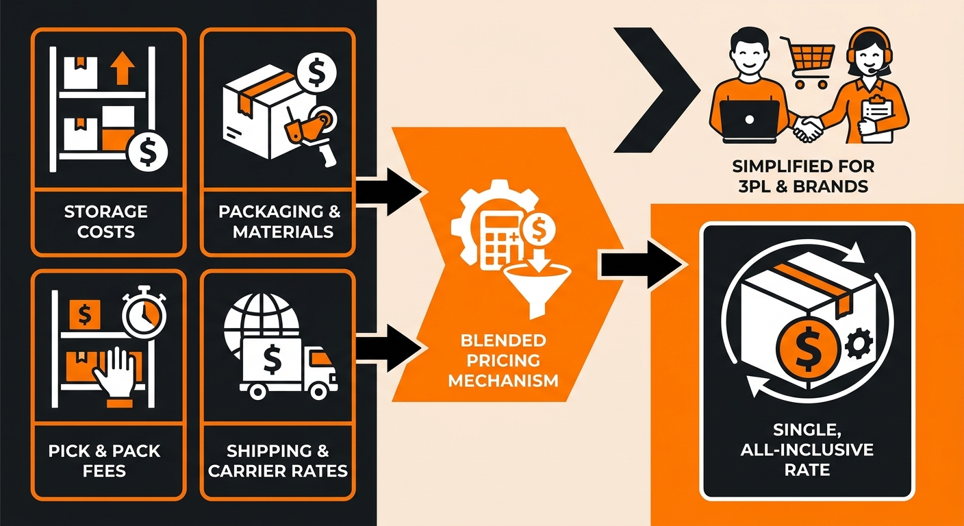 Infographic showing three cost buckets — labor, storage, and carrier spend — pooled into a single blended rate per order, with volume tiers adjusting the rate as monthly order count increases