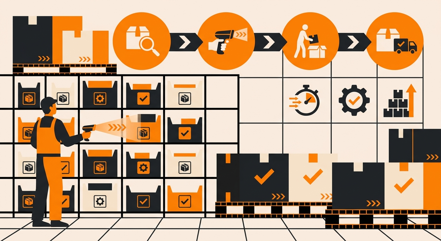 A clean warehouse fulfillment scene showing a worker using a handheld scanner to pick items from organized shelving, with lab