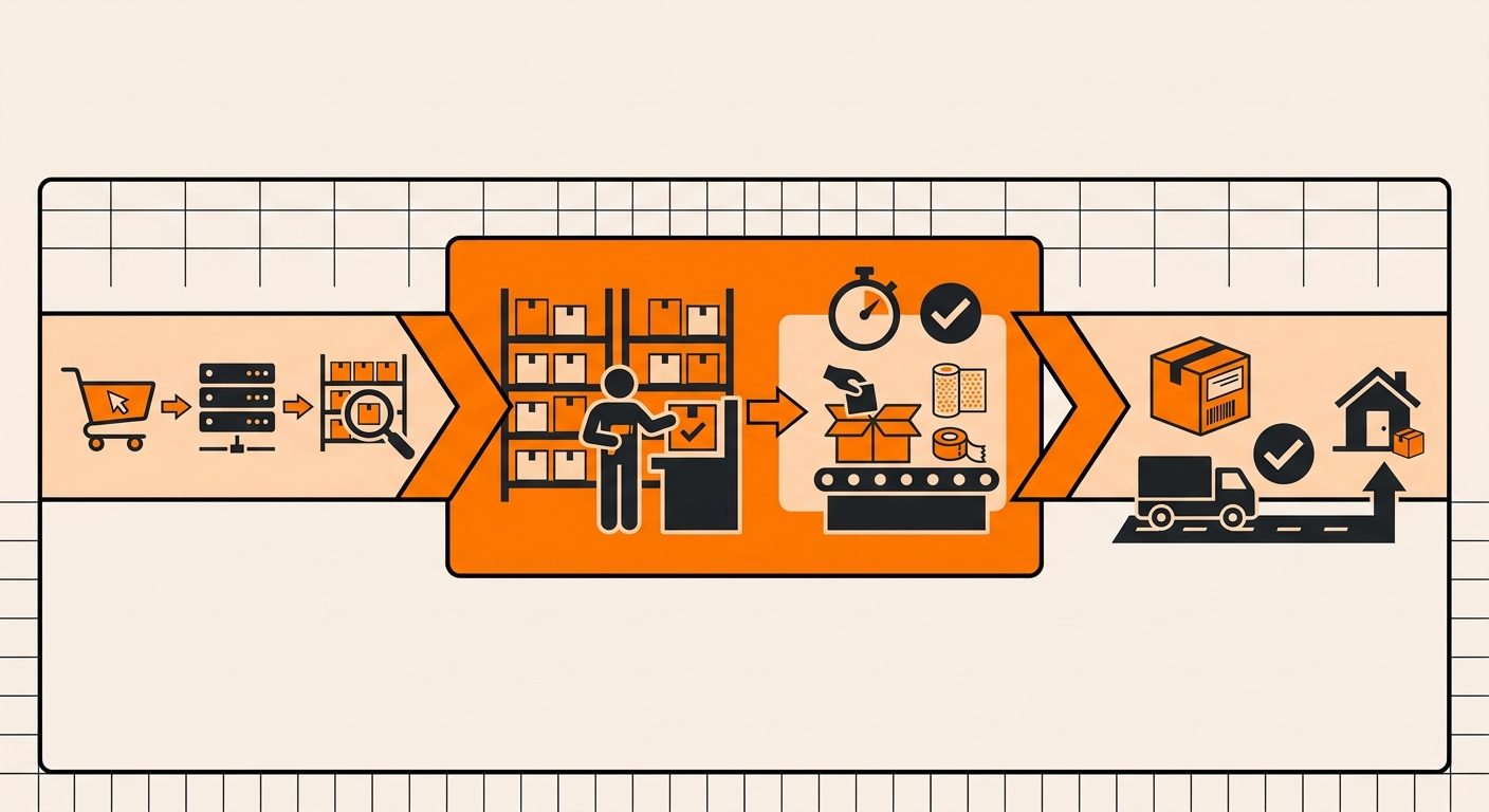 Infographic showing the four-step pick and pack fulfillment cycle: locating the SKU in a warehouse bin, pulling the item, scanning it against the order record at the pack station, and sealing the labeled shipping container for carrier pickup