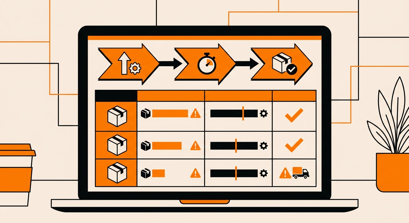 A clean warehouse operations dashboard displayed on a laptop shows a low stock report with highlighted SKUs, reorder threshol