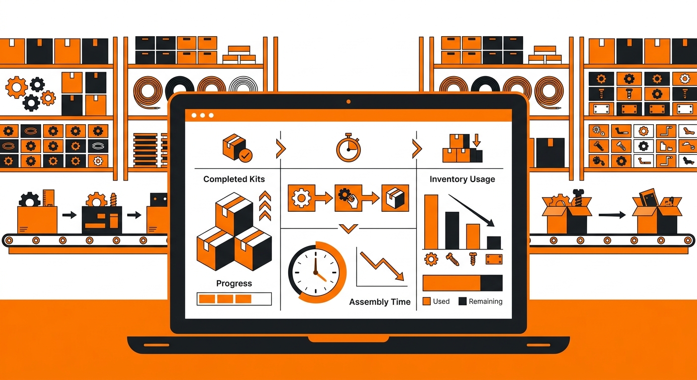 A clean warehouse operations dashboard displayed on a laptop, showing kitting activity metrics such as completed kits, assemb