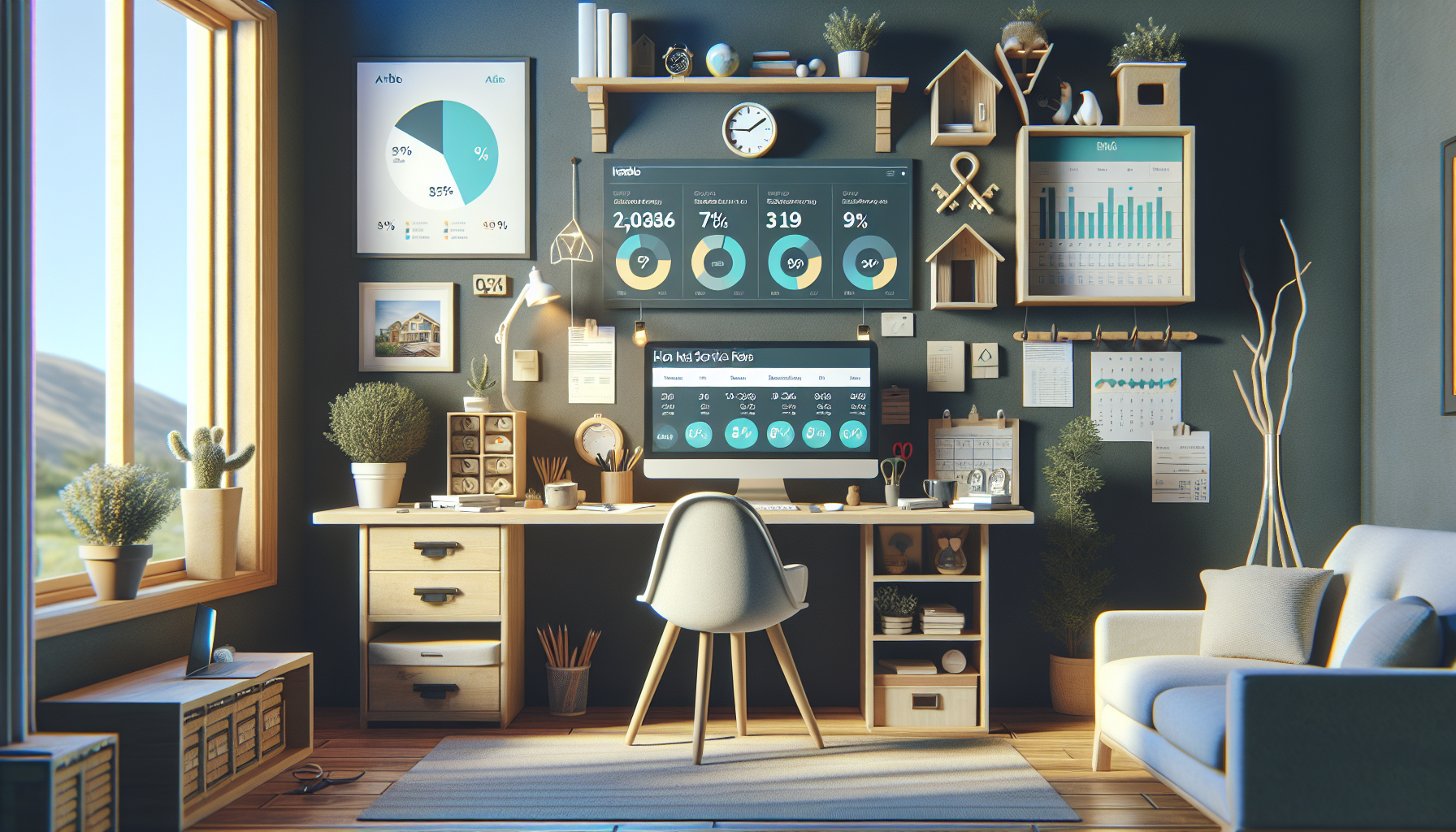 A tidy home office inside a vacation rental shows a property owner comparing host service fees across Airbnb, VRBO, and Booki