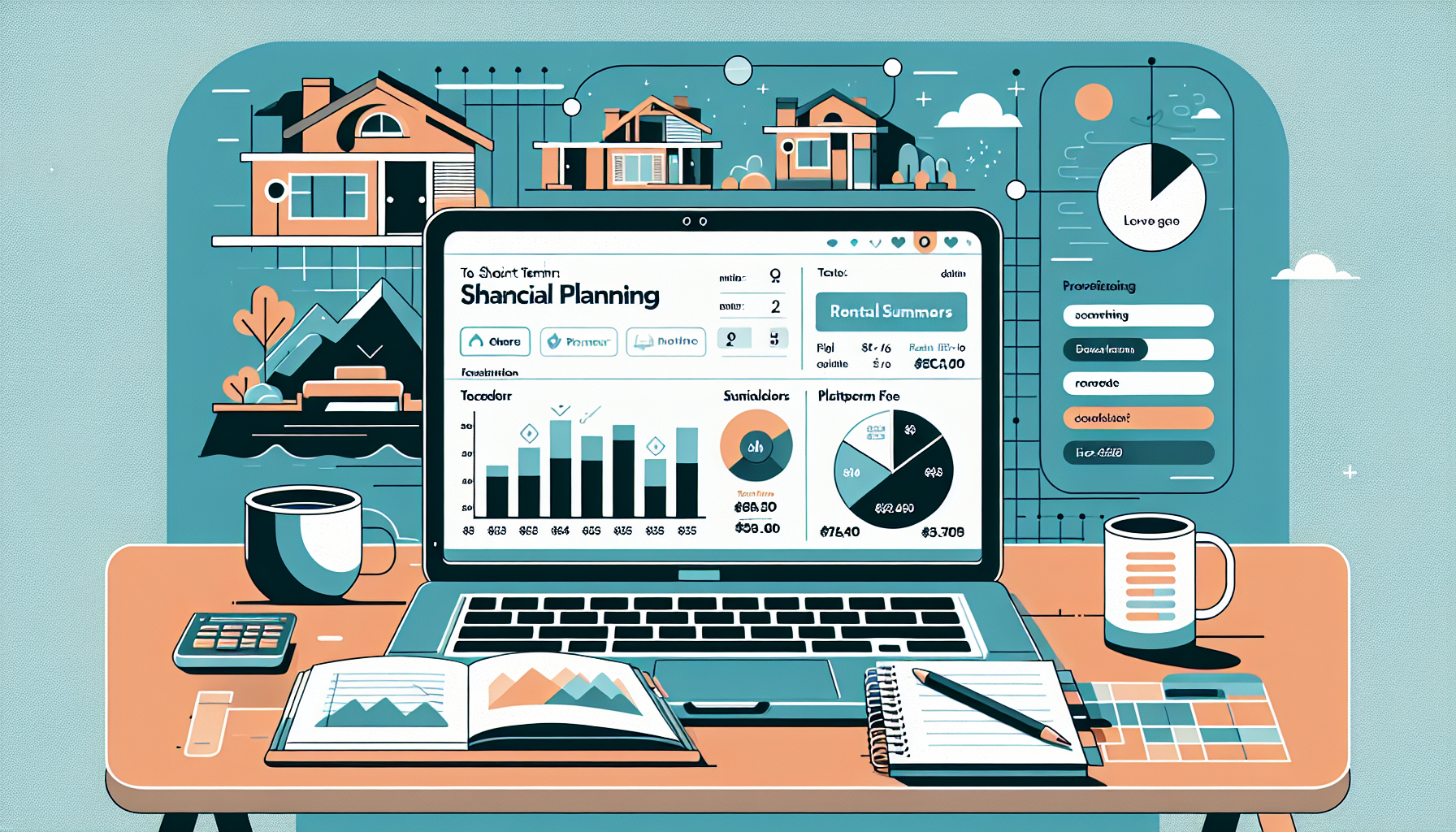 A clean desktop scene features a laptop displaying an STR earnings dashboard with Airbnb-style listing details, payout summar