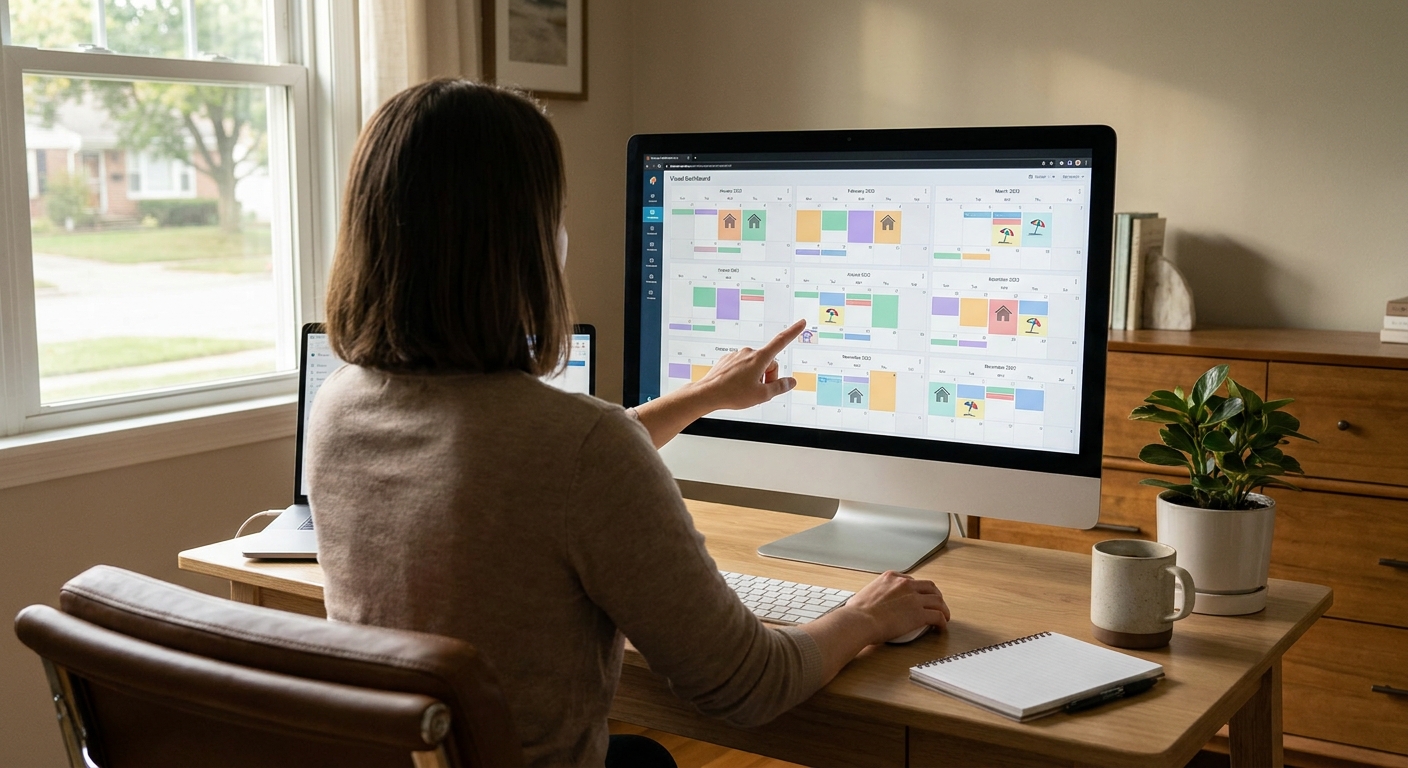 A professional home-office scene with an STR property owner managing multiple vacation rental calendars on a desktop dashboar