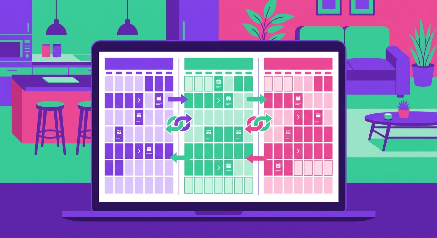 A close-up of a laptop screen displaying side-by-side calendar views for an Airbnb listing, a VRBO property, and a Booking.co