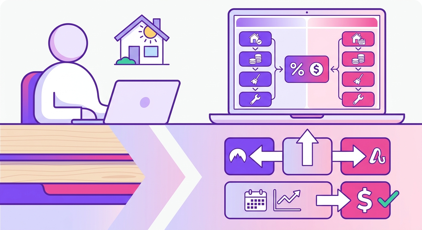 A short-term rental owner sits at a laptop in a bright vacation home, reviewing an owner statement that summarizes booking in