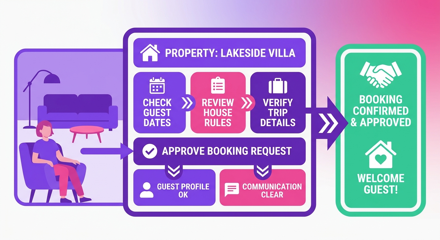 A professional image of a host in a living room of a furnished vacation rental, checking guest dates, house rules, and trip d