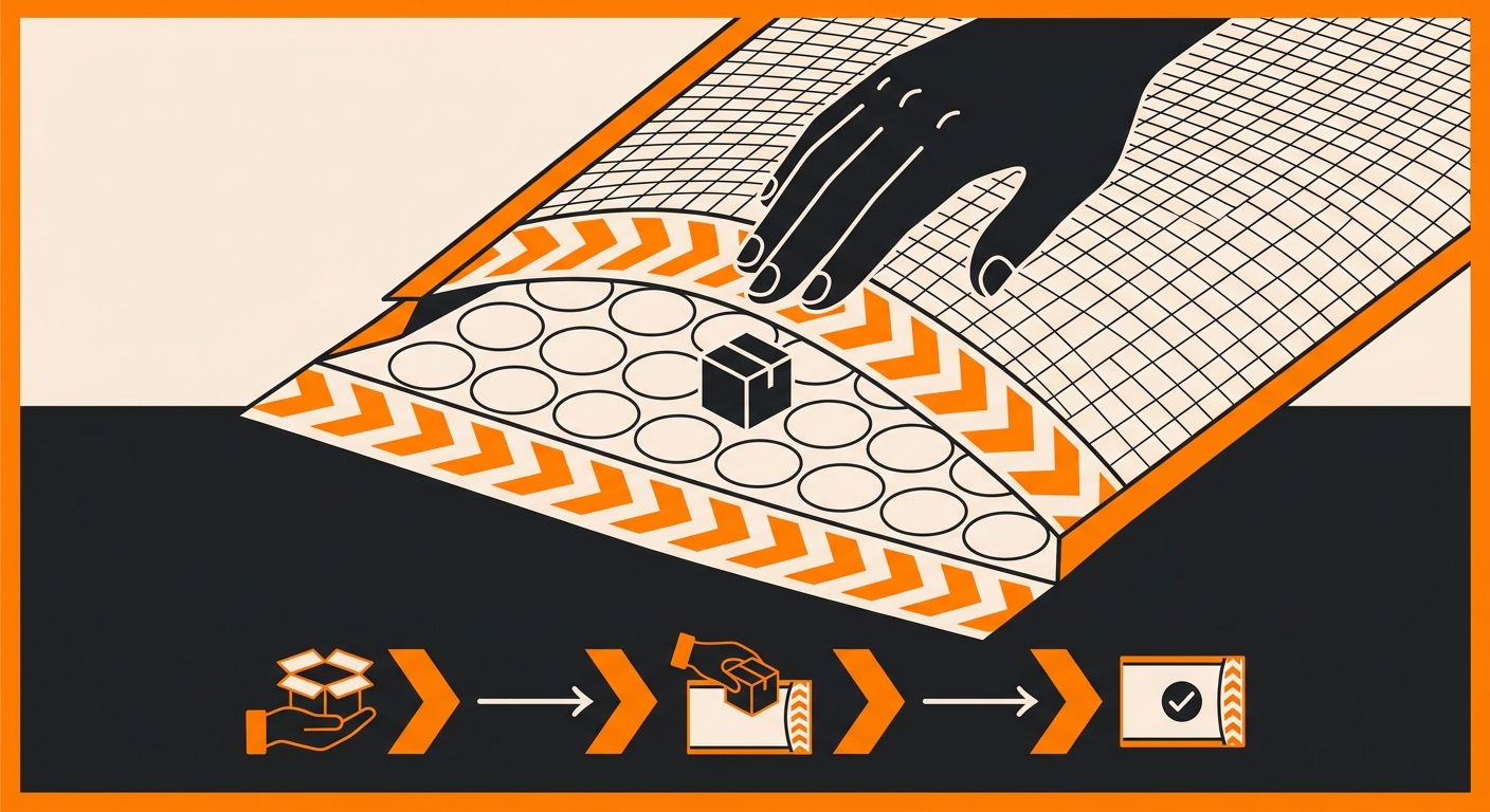 A close-up image of a hand sealing a padded mailer around a small boxed item, highlighting the protective outer envelope and