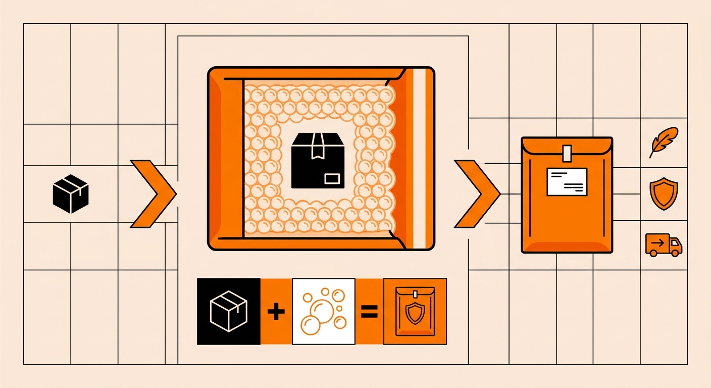 Diagram of a padded mailer cross-section showing the outer poly or kraft shell, interior bubble or foam cushioning layer, and self-seal closure strip, with labels indicating how each component protects lightweight eCommerce products during transit