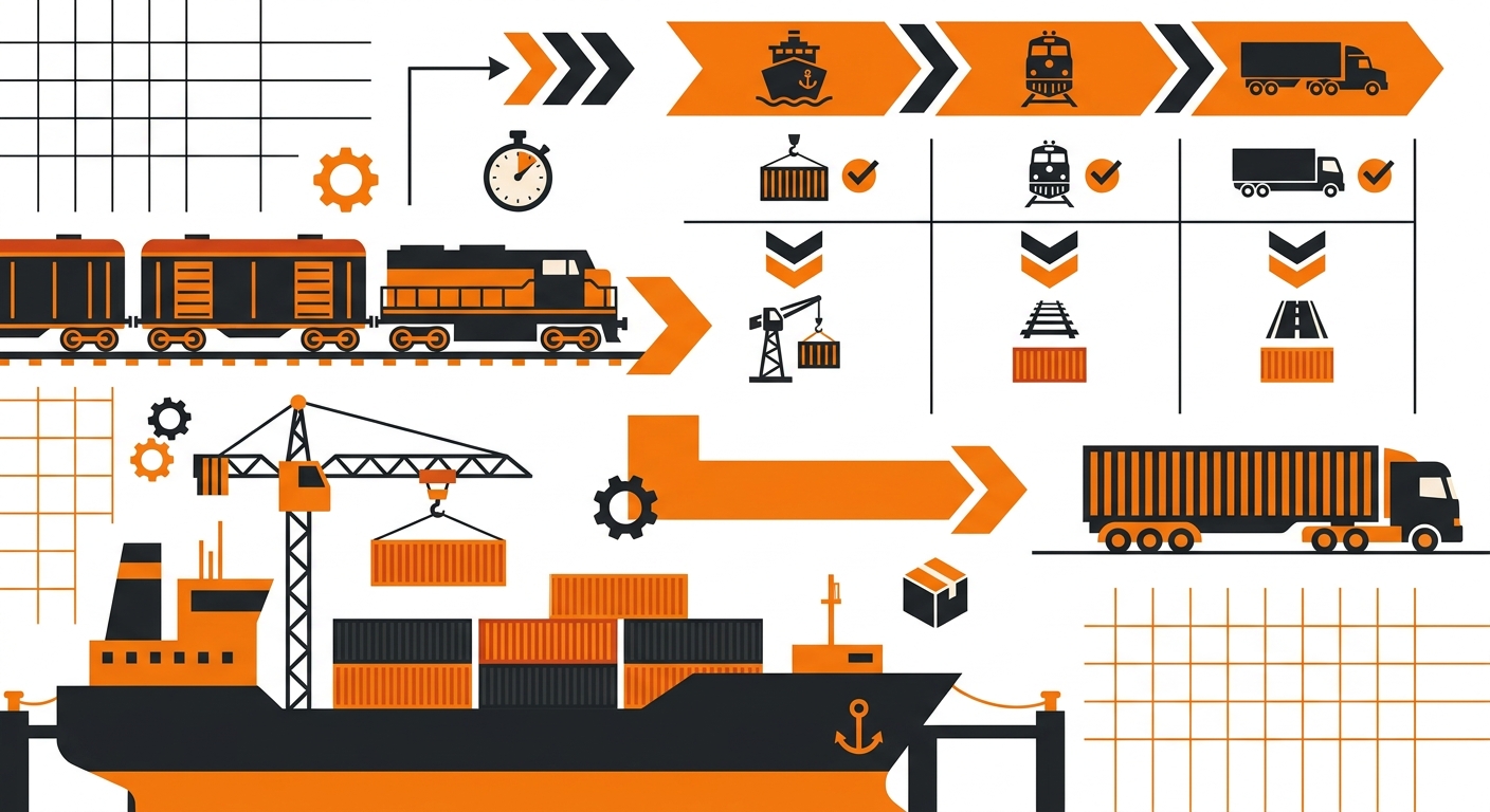 A clean, professional logistics scene showing standardized shipping containers being transferred between a cargo ship, freigh